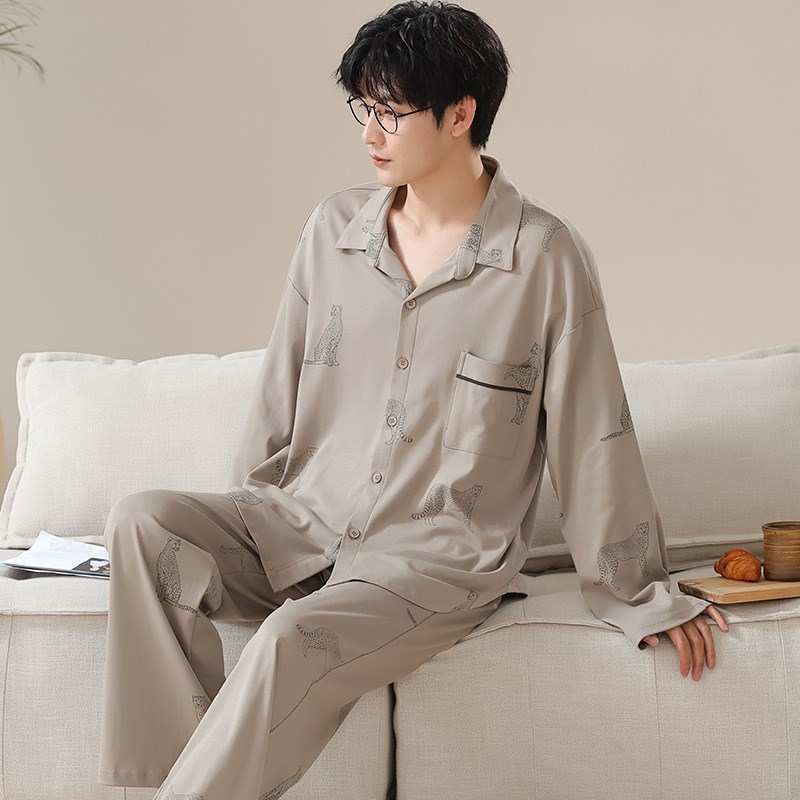 新款男士睡衣纯棉长袖开衫家居服中青年宽松大码休闲男式男生套装