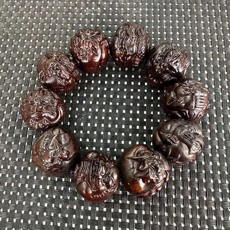 沉香木质25mm龙生九子佛珠手串手工精雕男士手链佛珠文玩手串