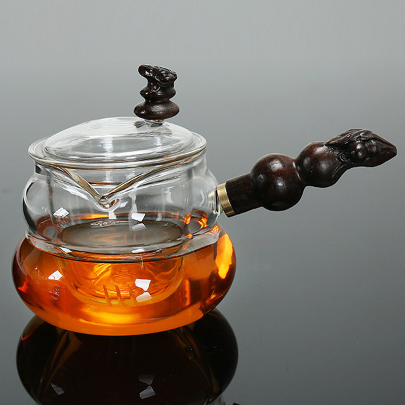 黑檀木玻璃侧把壶加热茶壶高温耐热泡花J茶壶茶具冲蒸茶器过滤带
