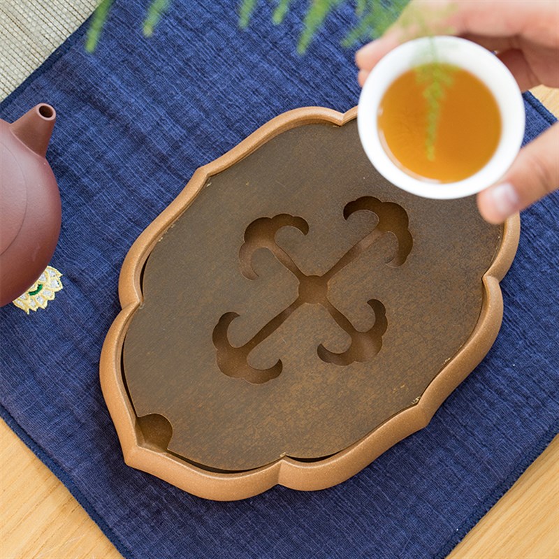 中式紫砂壶承干泡台 嵌s入式菱花铜片茶盘 功夫茶具配件茶壶底座