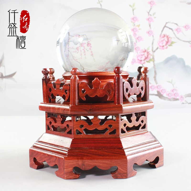 红檀木红木雕刻八角水晶球底座托实木可旋转葫芦摆U件托架球形底