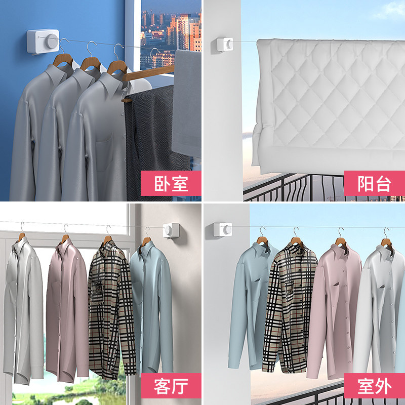 隐形晾衣绳室内免j打孔伸缩钢丝晾衣架收缩阳台卫生间挂晒晾衣神