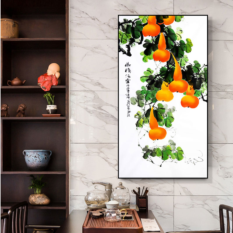 五福临门新中式玄关装饰画招财纳福竖版中国风挂画U过道葫芦水墨