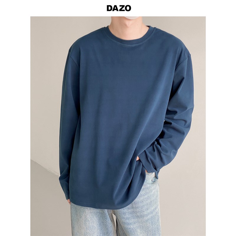 DAZO 质感纯色打底衫男宽松春秋款内搭圆领长袖T恤休W闲简约韩版
