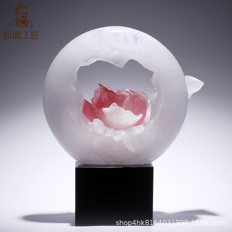 琉璃艺术品粉烧牡丹花摆件办公室桌面装饰工艺品乔迁新居礼物高档