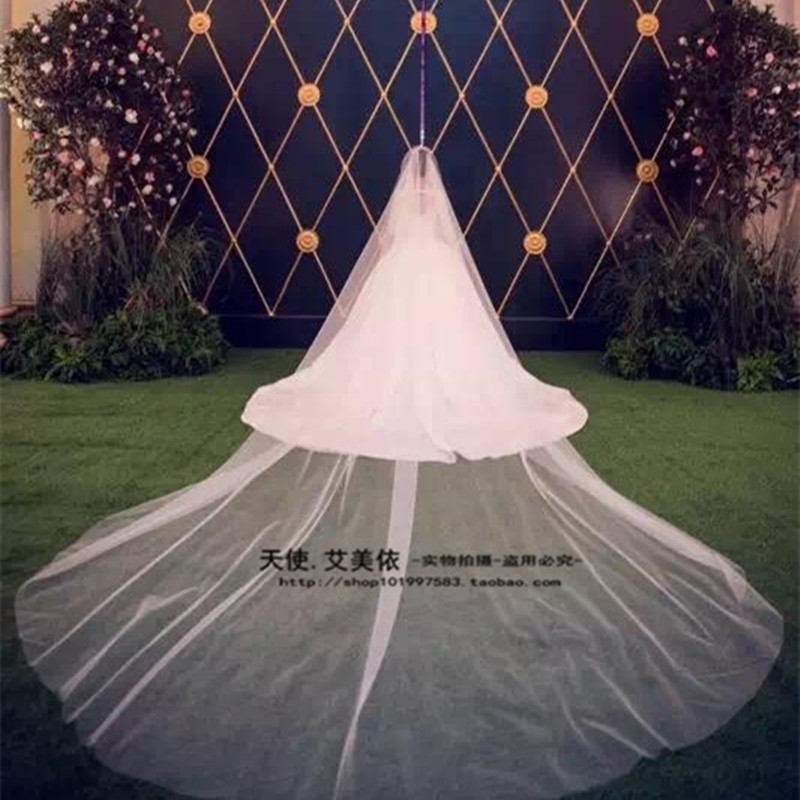 简约百搭长款素纱草坪婚礼教堂仪D式纱新娘旅拍结婚头纱双层白色