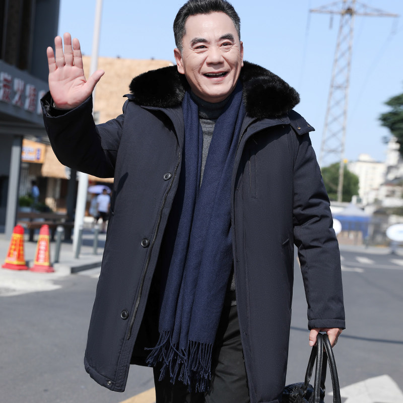 中老年人冬装男爸爸棉衣加绒加厚中D长款宽松大码毛领保暖爷爷棉