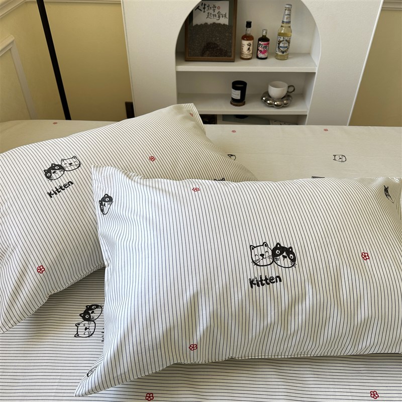 条纹猫咪学c生宿舍三四件套全棉床单被套单人床品套件卡通图案