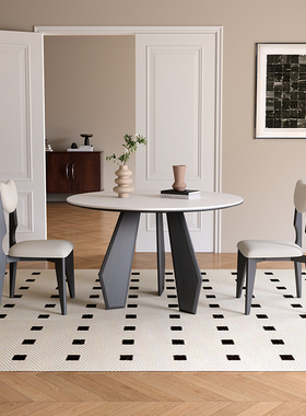 意式实木圆桌10人家o用小户型侘寂风橡木圆形纯白岩板餐桌法式复