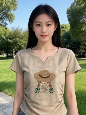 韩国大码提花正肩V领针织短袖t恤女夏季2026新款胖MM宽松休闲上衣
