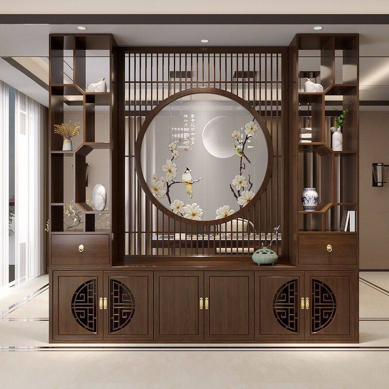 新中式客厅实木屏风隔断办公一体酒店大堂进门酒柜玄关入户隔断柜