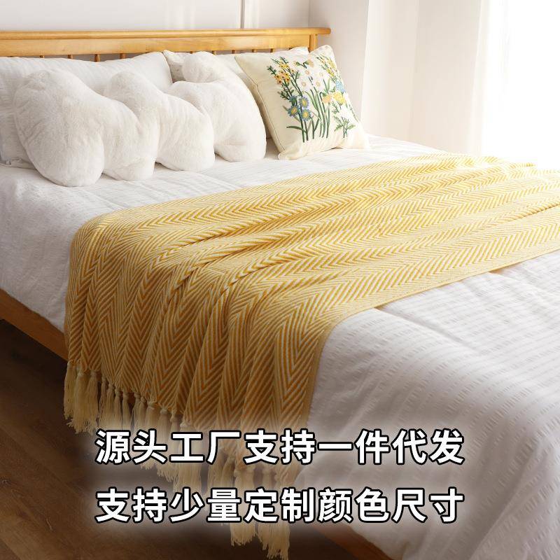 经盖典美式复古绿人字宿纹YIL编毯酒店民床织尾巾床尾毯沙发毯床