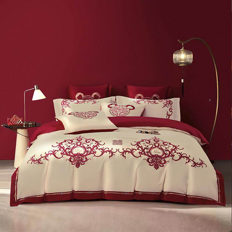 4C高E色挡长绒adhNj2Ht棉纯绣棉新婚庆龙凤刺陪嫁大红四件套全棉