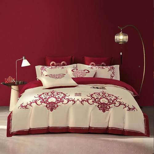 4C高E色挡长绒adhNj2Ht棉纯绣棉新婚庆龙凤刺陪嫁大红四件套全棉