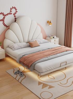 现代轻奢简约主室婚床悬浮床软包双人奶床BWQ实油木小户卧型风皮