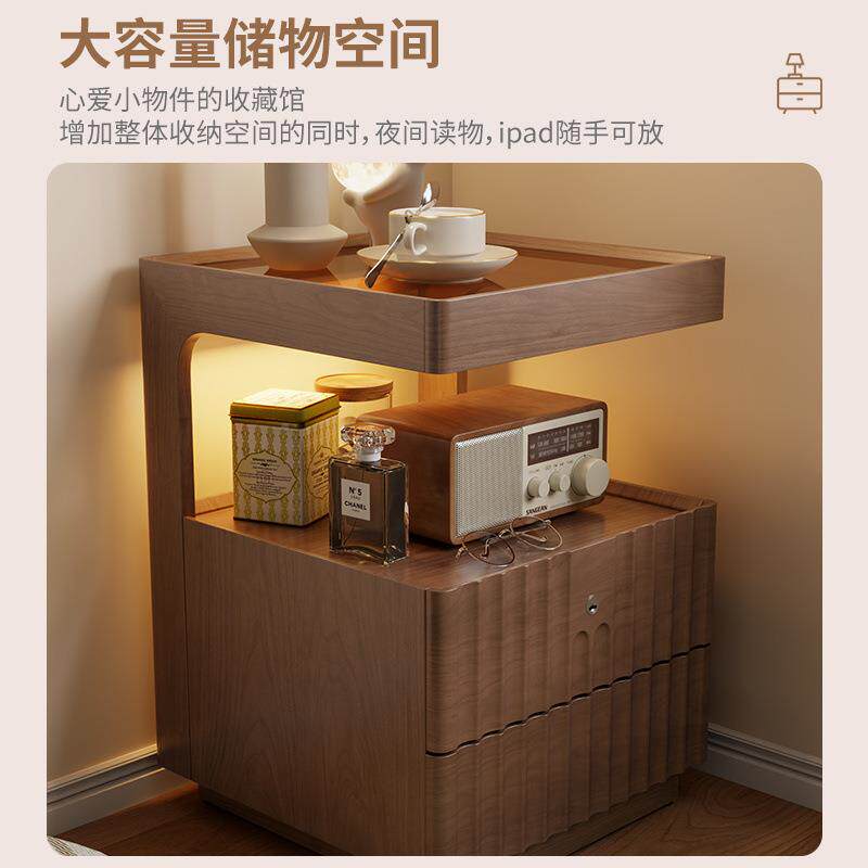 实木头柜现代室带床锁储TEP物柜小型简卧约床架边置物简易收纳