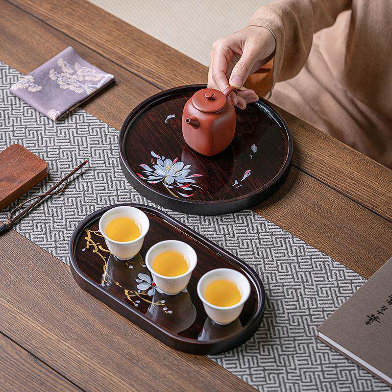国潮端高双轻面圆形手昙花干绘泡盘竹壶承1竹制茶盘家用奢茶台壶