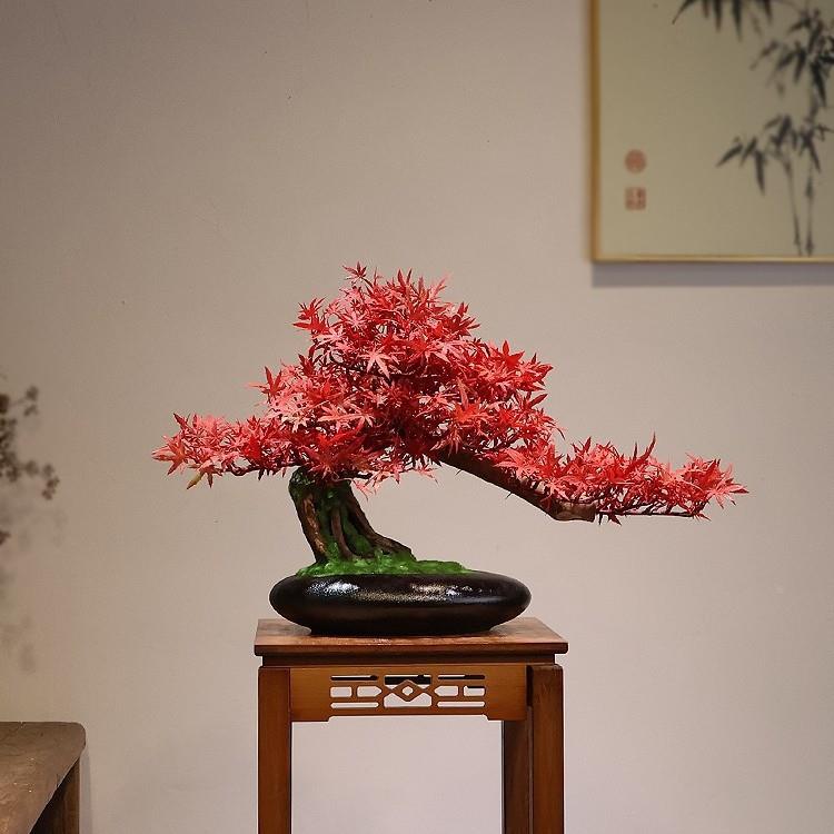 仿真玄关绿植迎客松木摆件红枫树景新中盆客厅ys6522博古式架茶室