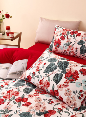 乐优公主100支长绒棉结t婚四件套大红色被套床单喜被婚庆床上用品