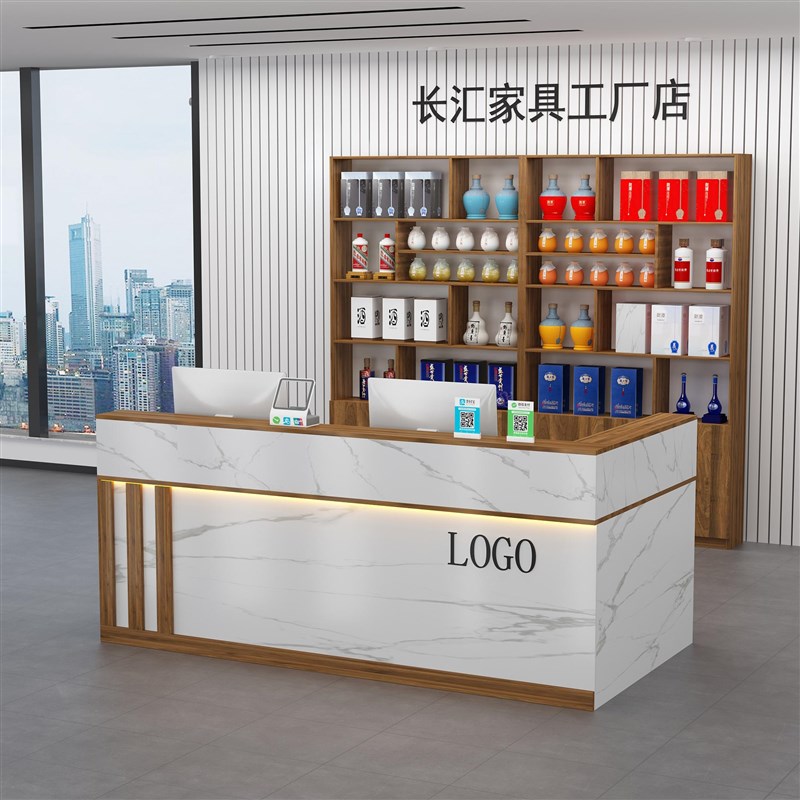 现代简约发光一体转角吧台弧形酒柜柜商用前台柜台收银台落地柜组