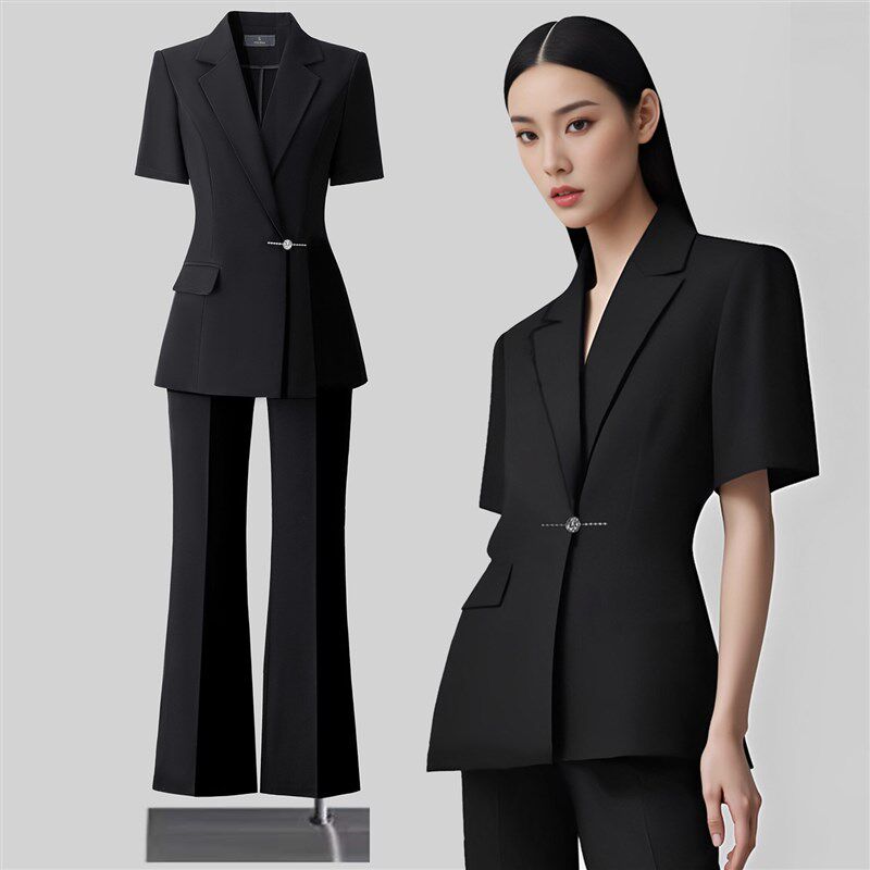 黑色短袖西装套装女夏季薄款高级感工作服职业装气质正装西服外套