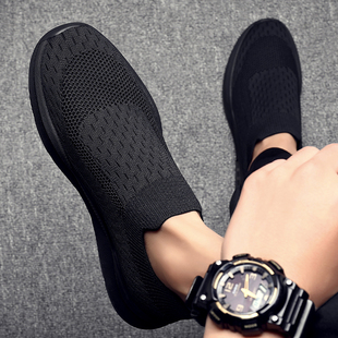 男纯黑色透气休闲布鞋 袜子鞋 男针织鞋 一脚蹬懒人鞋 夏季 子男款 新款