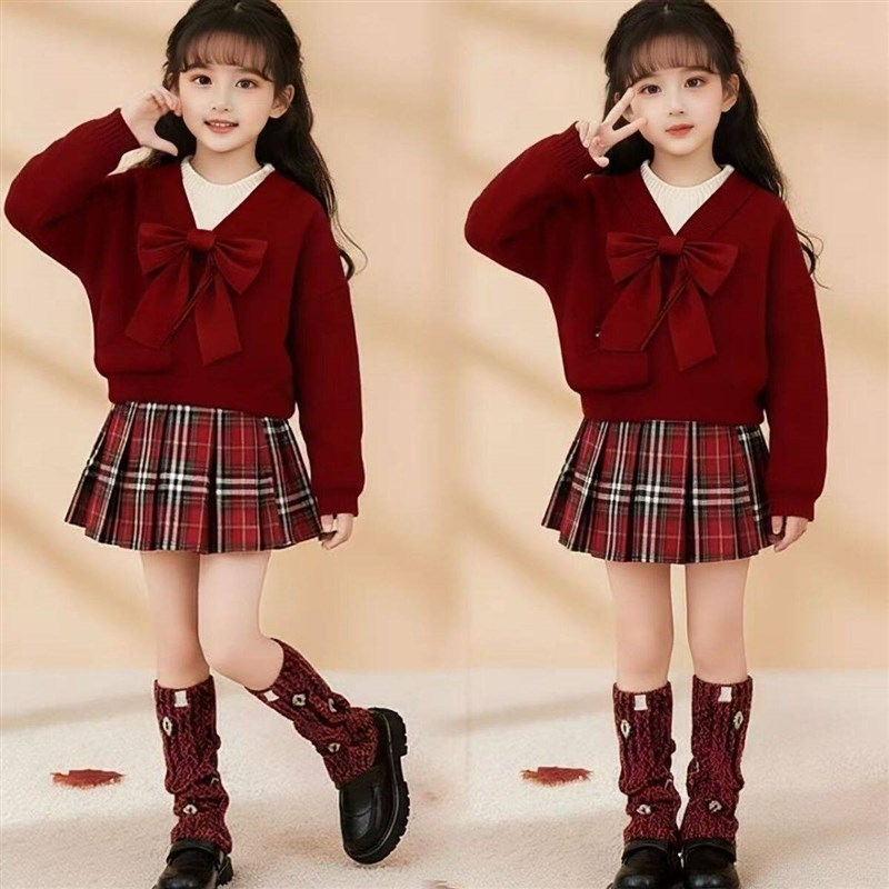 女童红色加厚冬装2026马年本命新年大童巨好看洋派毛衣裙子套装潮
