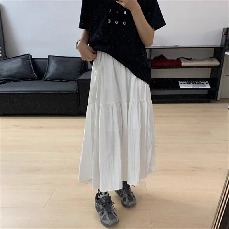 白色垂感半身裙女大码夏季新款胖妹妹mm宽松显瘦中长款百褶a字裙