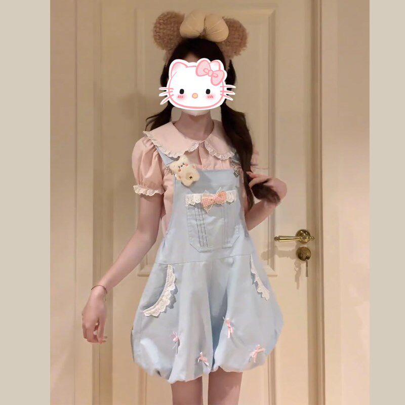 小个子俏皮活泼减龄一整套甜美衬衫背带裤两件套装花苞蓬蓬裤短裤