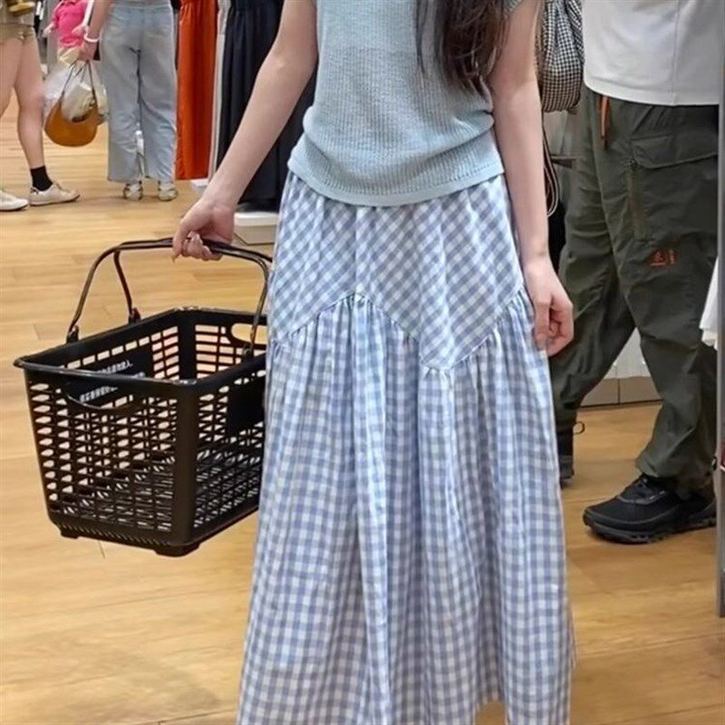 蓝色花边半身裙女2025年夏季新款梨形身材胖mm高腰显瘦a字蛋糕裙