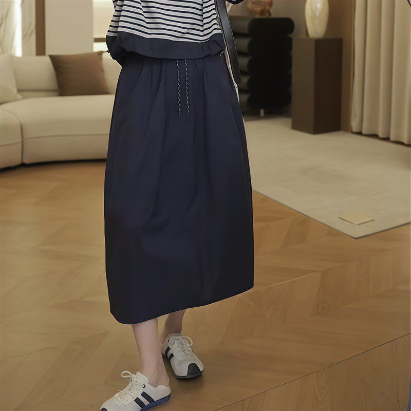 裙子女夏2025新款轻奢高级感半身裙高腰宽松大码胖mm松紧腰中长裙