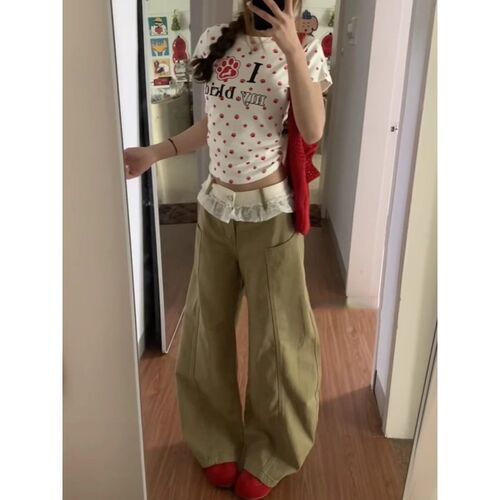 大码胖mm美式复古拼接蕾丝弯刀牛仔裤女夏季设计感高腰显瘦阔腿裤