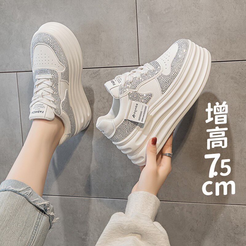 小码33真皮松糕小白鞋女厚底增高黑白拼色系带水钻低帮单鞋显瘦34
