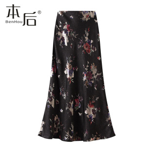 2024夏新款 烫金印花褶皱半身裙女长款 鱼尾包臀裙子 5薄款 9902