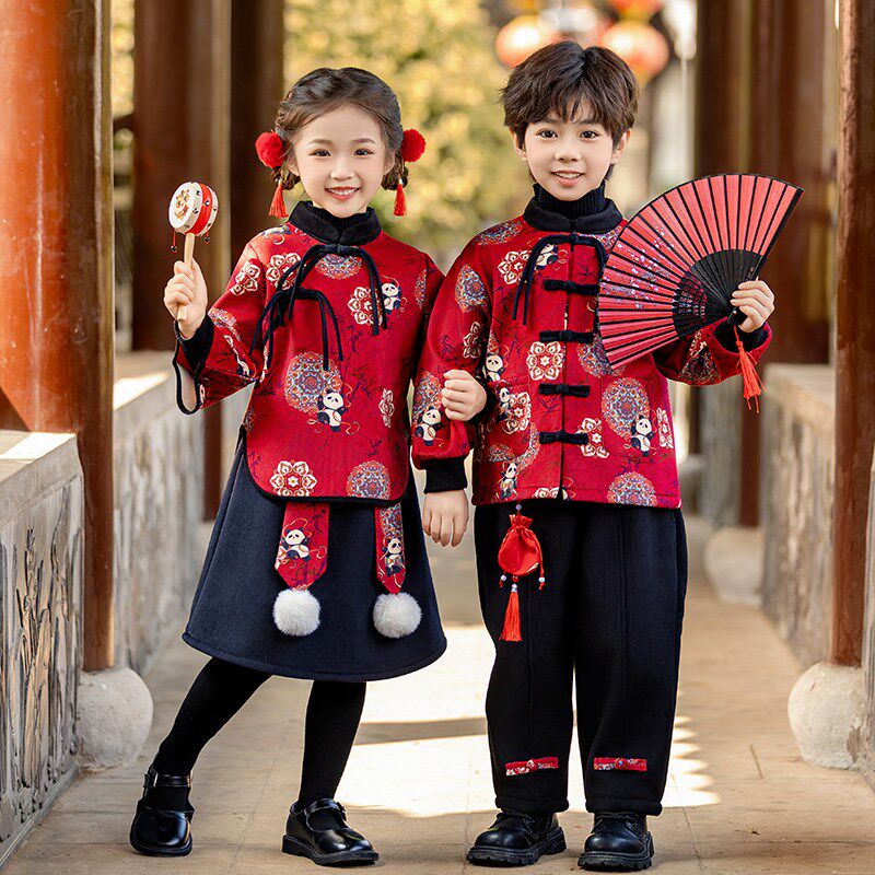 男童加绒汉服中国风秋冬季女童唐装套装儿童中式古装表演服拜年服