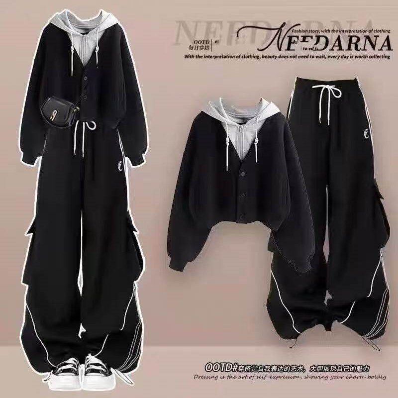 秋装搭配一整套学生高级感假两件连帽卫衣休闲运动工装裤两件套装