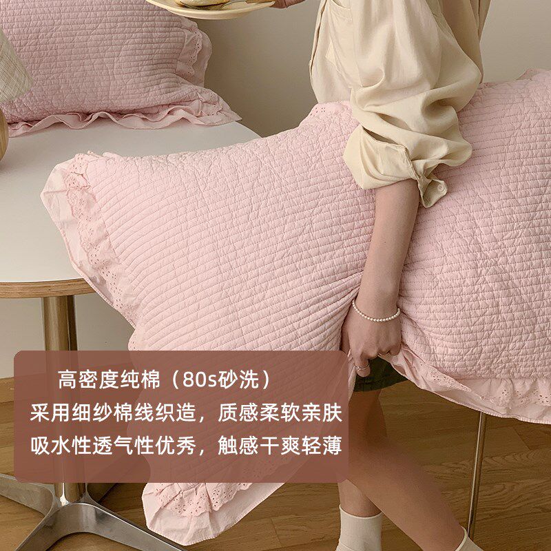 全棉枕套507080支砂u洗绗缝大人用枕罩荷叶边枕袋天然染色