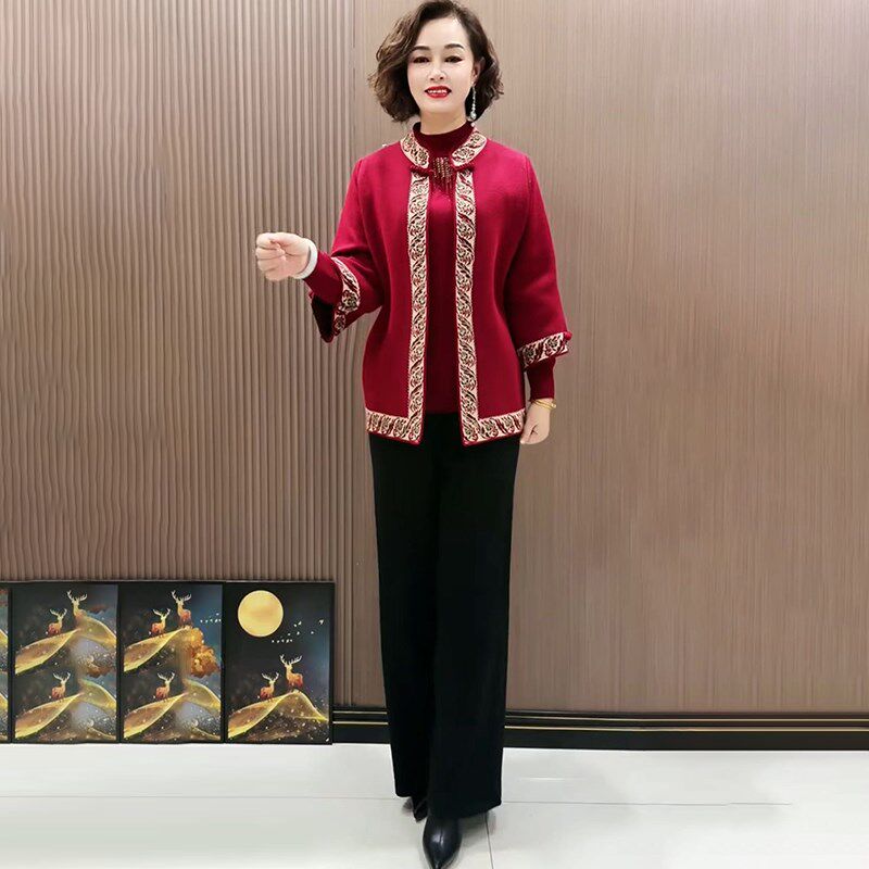 妈妈装秋冬针织毛衣开衫2025新款外套中老年女秋冬唐装上衣两件套