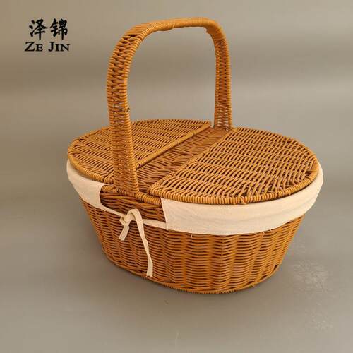 田购园藤风仿藤超编织水果篮AEQ户外野餐篮面包篮编手提篮子市物