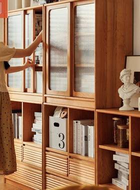 日式实木书柜架家用地YF2345-2樱桃木客厅落防尘璃储物柜置书物玻