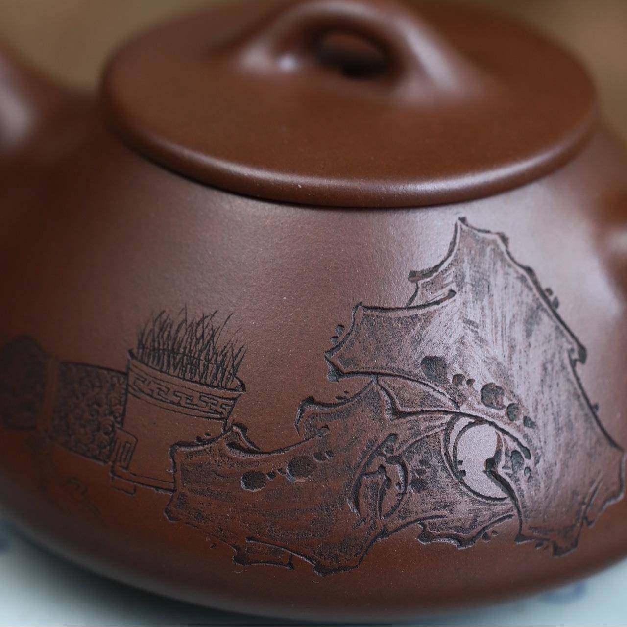 平TCS盖石瓢壶宜兴紫砂茶茶道名家纯手具刻绘文工玩茶器原矿底壶