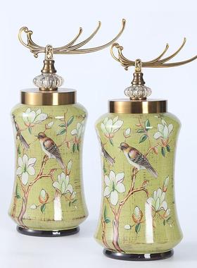 新中式家居客饰厅装饰罐品陶瓷工艺品储物鸟BCW摆件花彩绘装饰罐