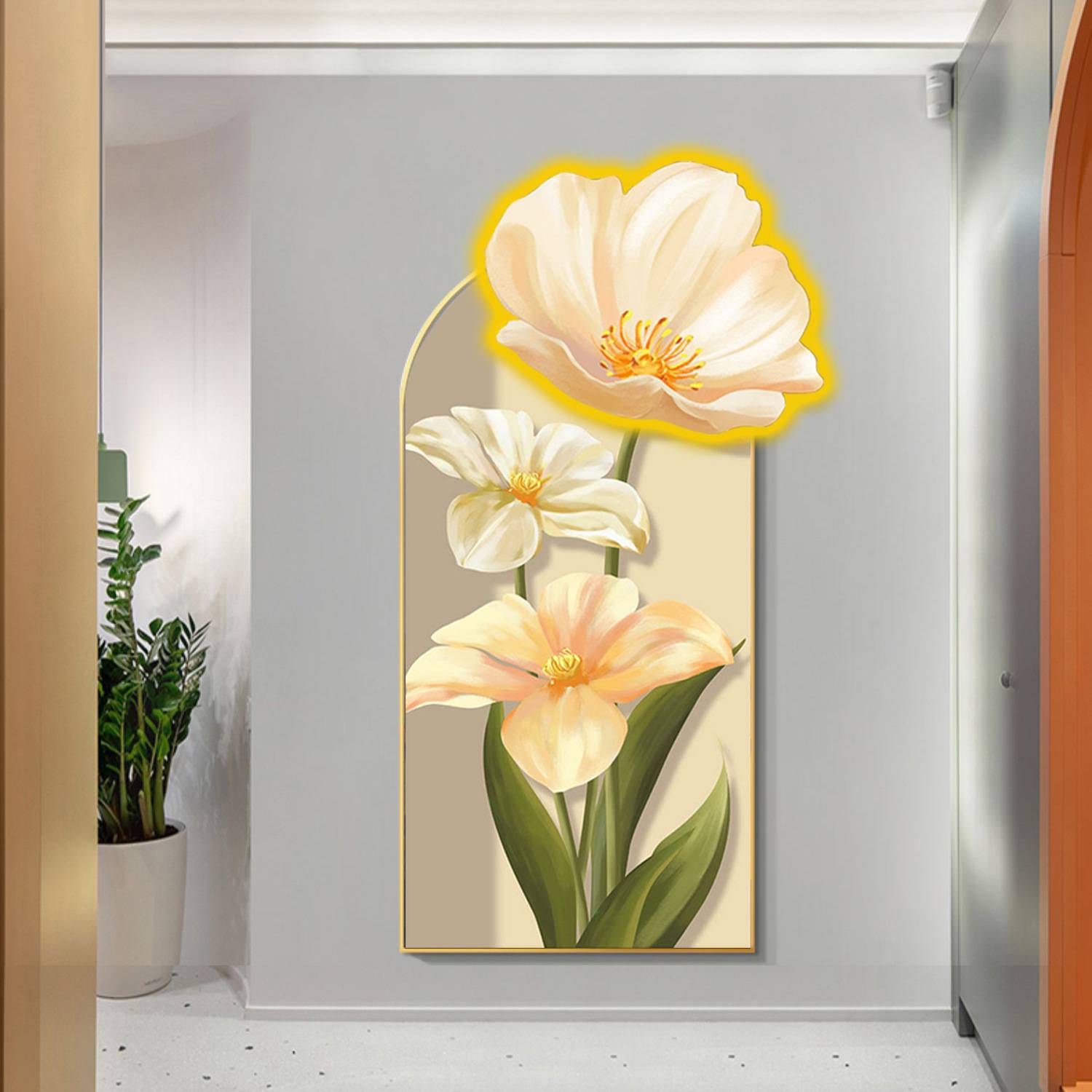 创意花朵带钟表餐厅装饰画玄关精雕挂画三色灯光晶瓷服装店画图片