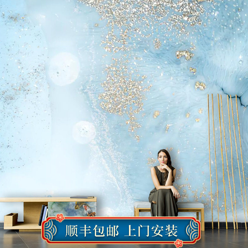 北欧轻奢抽象蓝色涂鸦壁纸电视背景墙纸客厅沙发壁画卧室墙布壁布