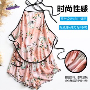 套装 挂脖式 冰丝成人大码 护肚子夏季 内衣 睡衣印花薄款 女性肚兜短裤