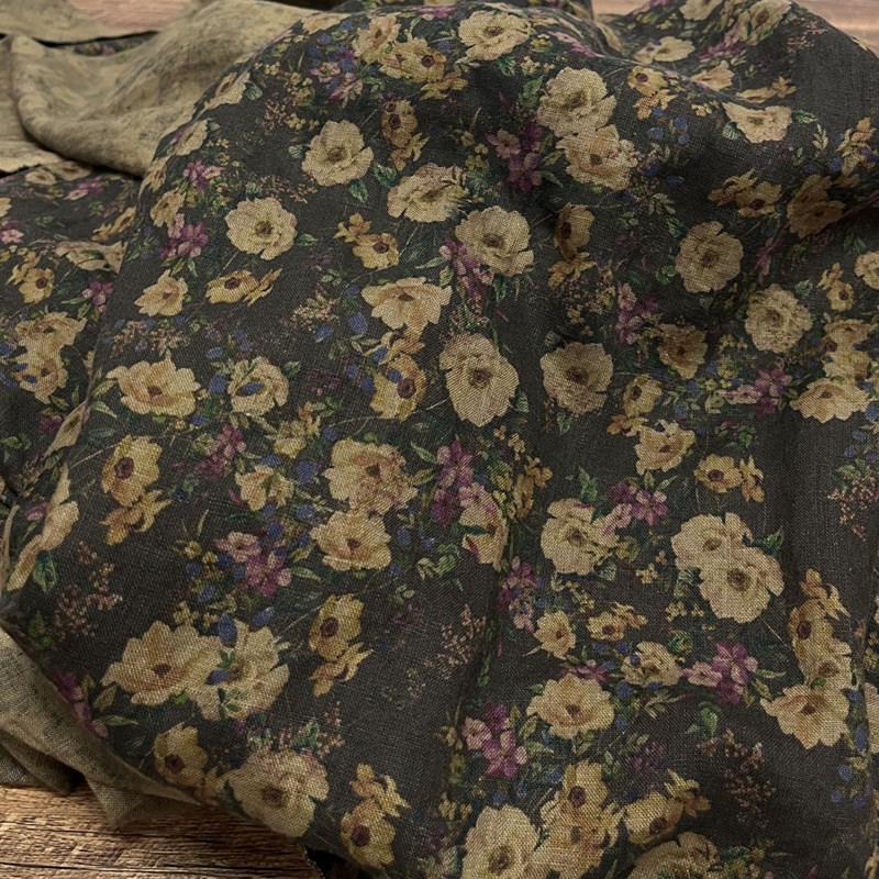 布久以逅复古砂洗做旧纯亚麻印花布连衣裙旗袍衬衫服装面料 花海