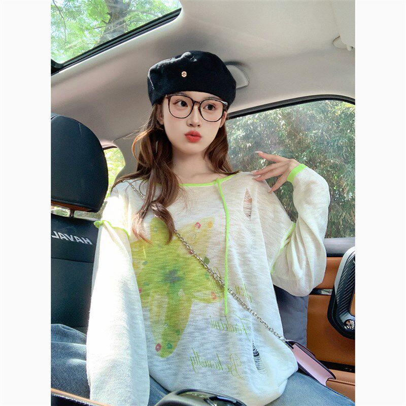 斜肩破洞长袖针织t恤女2025新款早秋美式花朵设计感宽松慵懒上衣