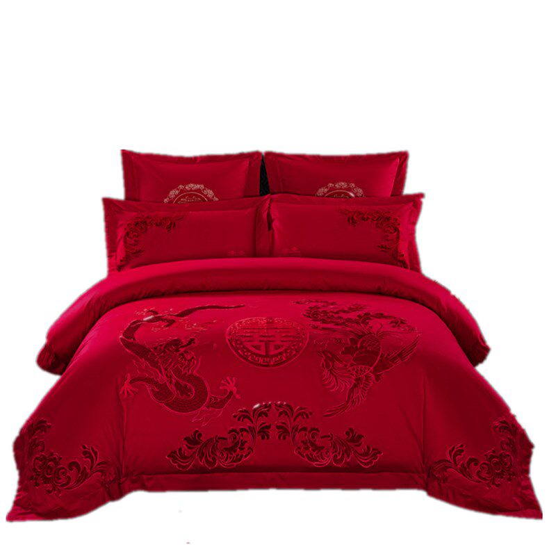 长绒棉四件套结h婚礼婚房婚床喜庆中式红色刺绣龙凤被套婚嫁九件