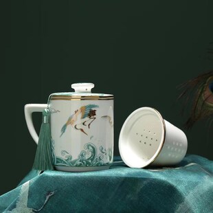 新国风茶杯办公杯茶水分离陶瓷水杯大G容量带盖杯子带过滤个人礼