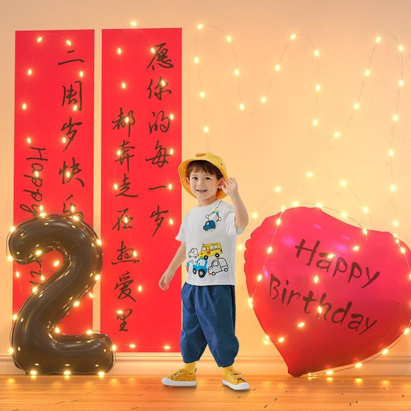 挖掘机男孩生日快乐装饰场景布置儿童2周岁两7岁发光灯串数字气球